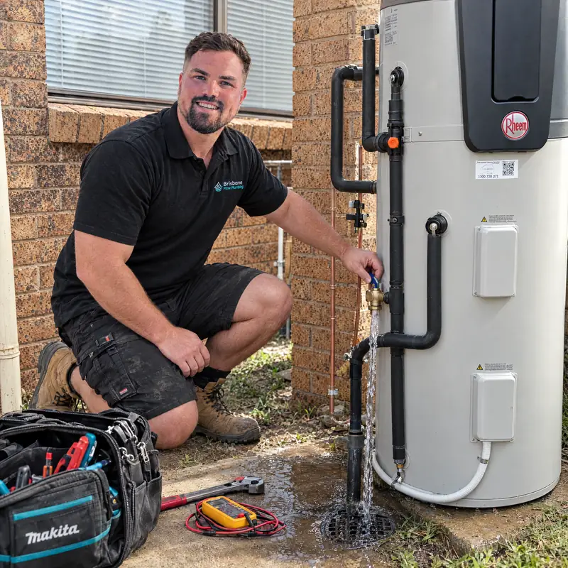 Caspar from Brisbane Flow Plumbing draining and flushing a Rheem heat pump hot water system during a service