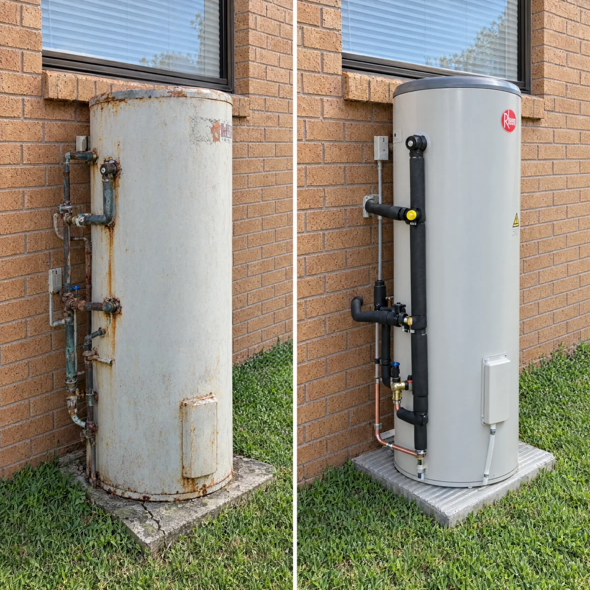 Before and after: old corroded hot water tank replaced with a new Rheem 250L electric system