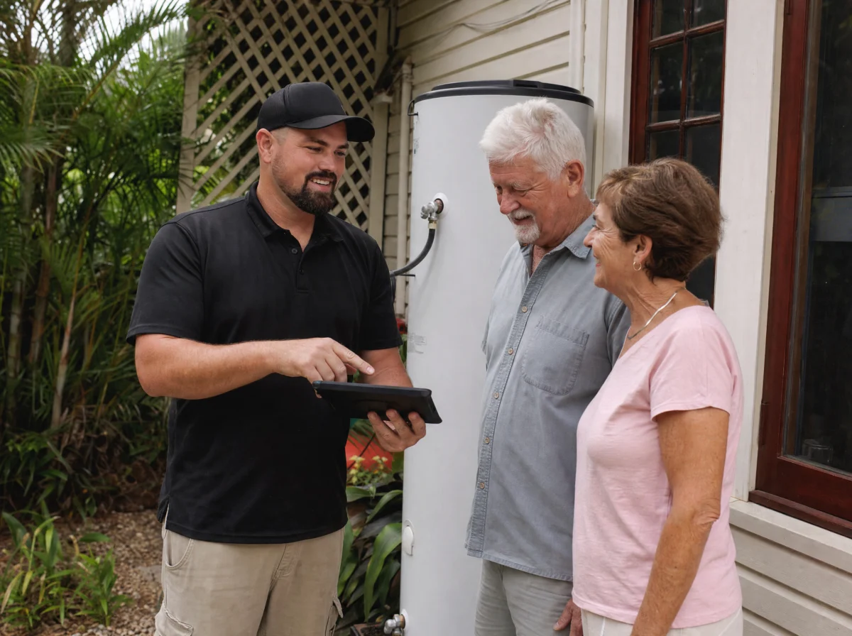 Caspar explaining a new hot water system to a Brisbane couple