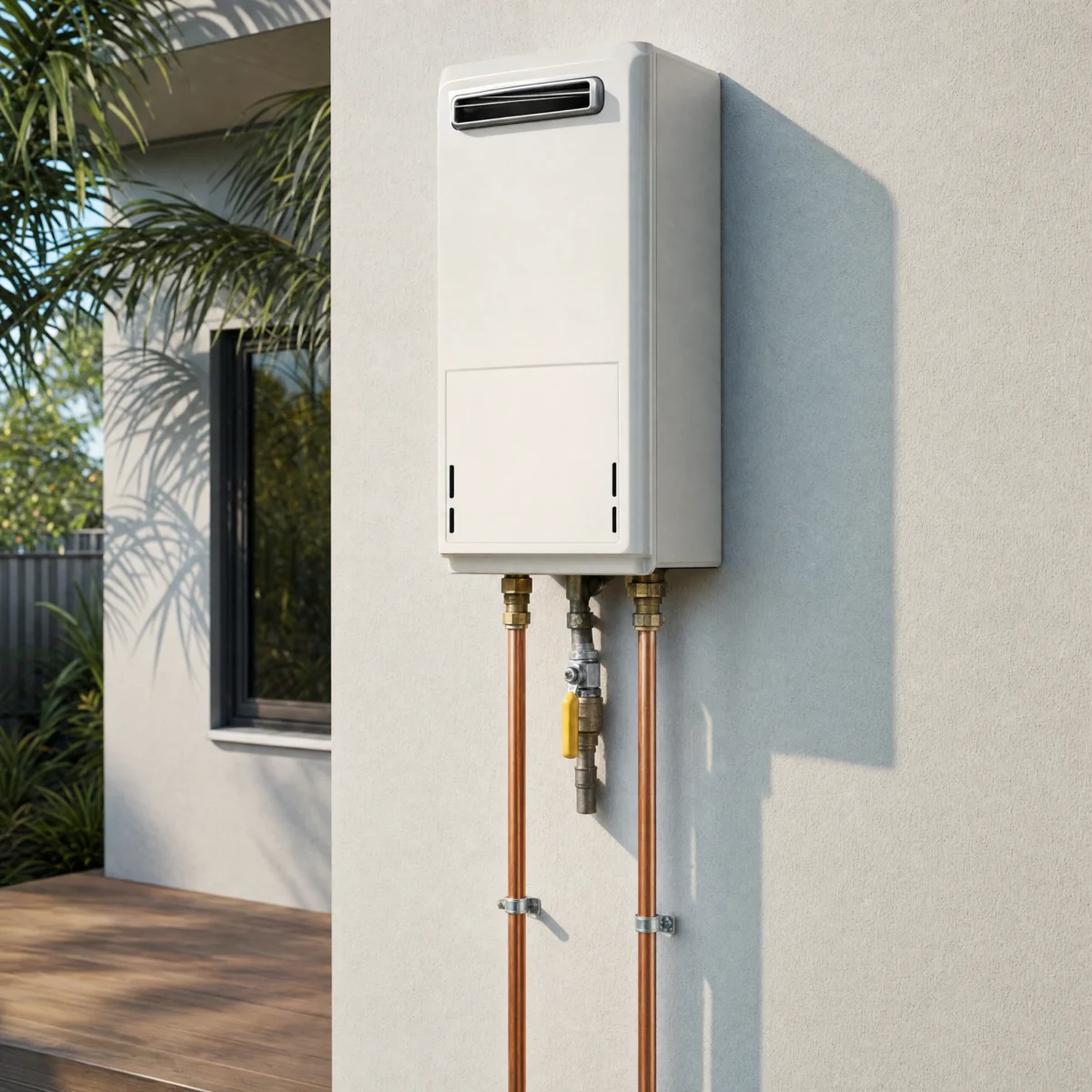 Gas continuous flow hot water unit installed on an exterior wall