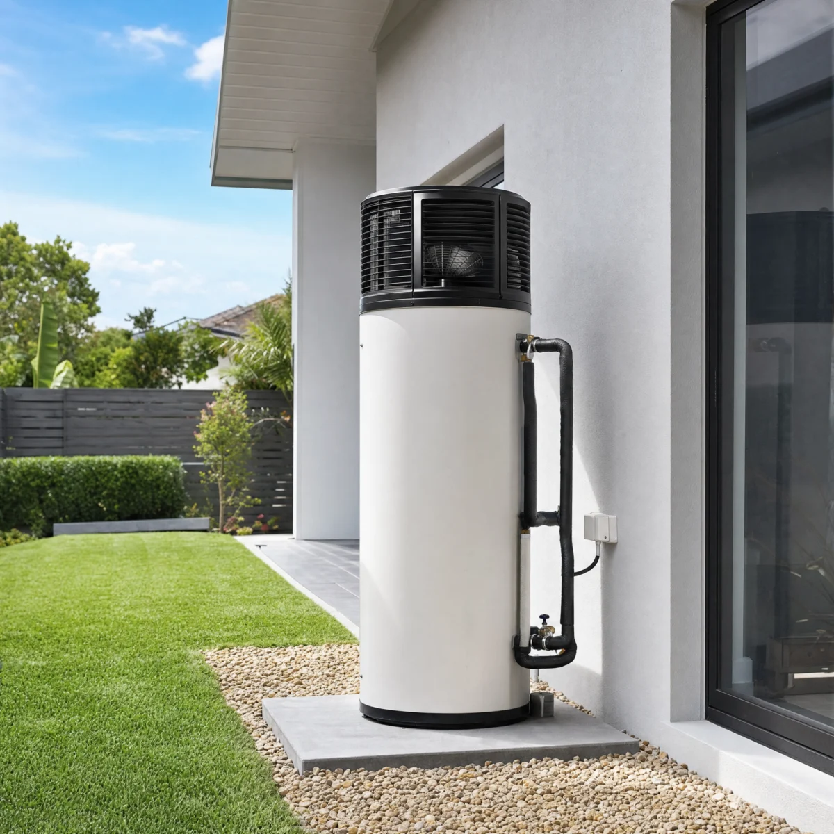 Heat pump hot water system installed beside a Brisbane home