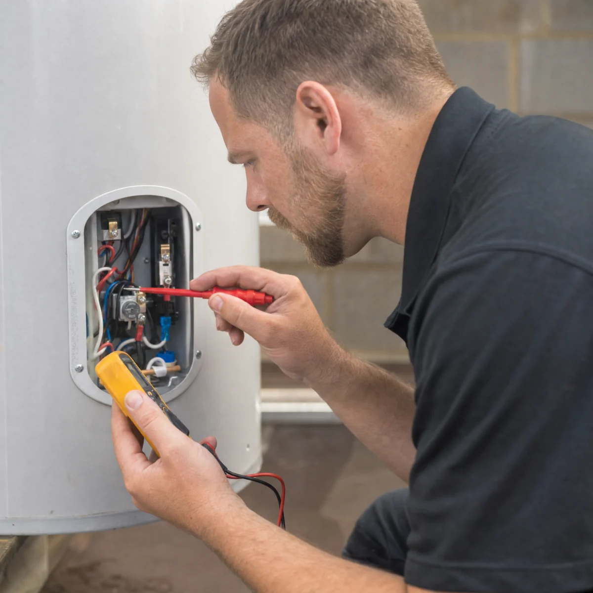 Plumber testing a hot water thermostat and element with a multimeter